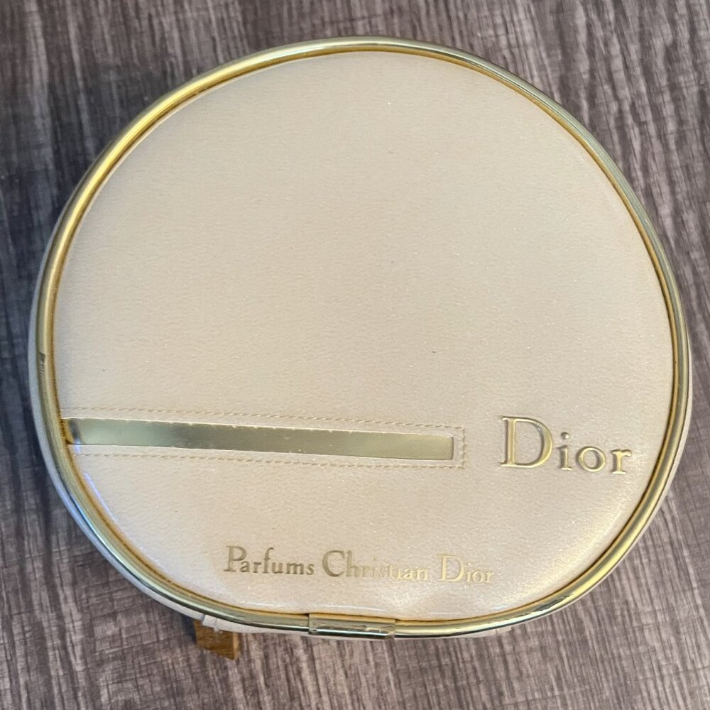 DIOR Parfums Ivory Vanity Round Makeup Pouch Metallic Gold Logo Zip Small.